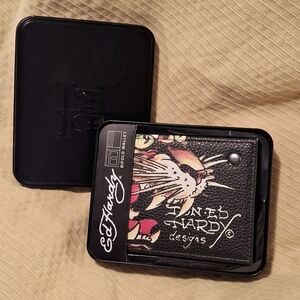 Ed Hardy NIB Black Leather Wallet in a Tin Box